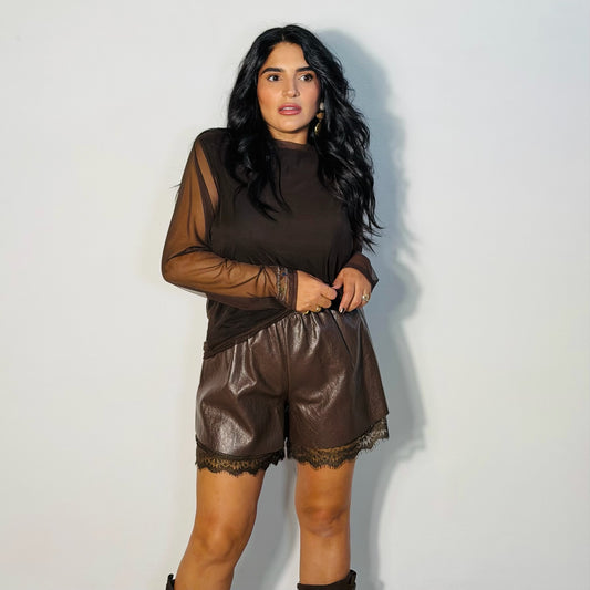 SHORTS LEATHER LACE MARRONE